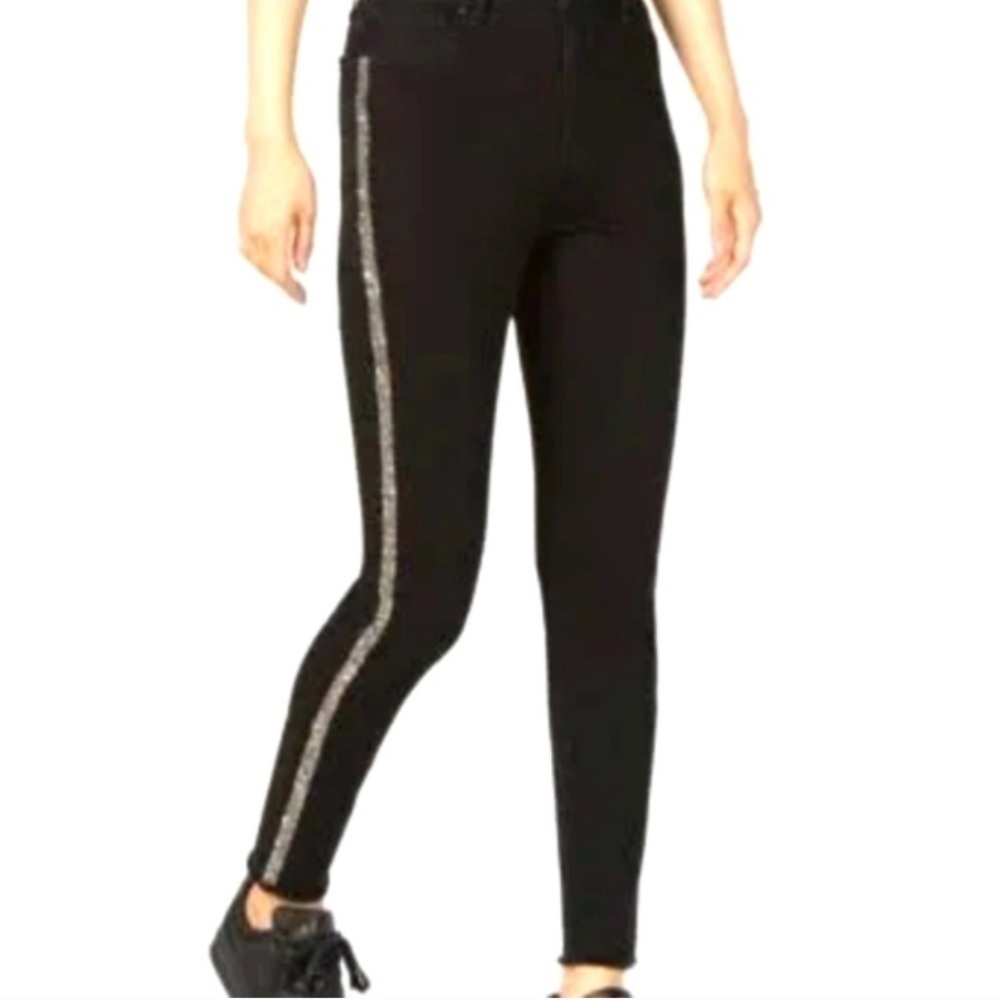 Tinseltown Women's junior Jeans Black Denim Glitter Stripe Skinny Straight Leg